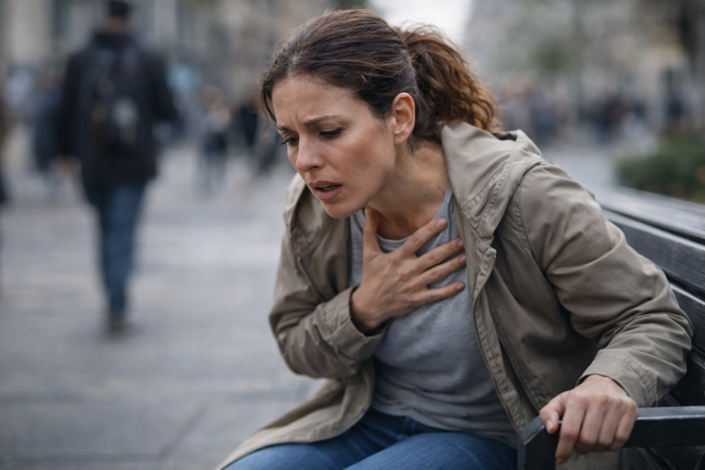 Donna seduta su una panchina in luogo pubblico con una mano sul petto durante un episodio di attacco di panico