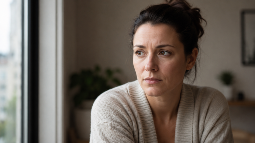 Donna con espressione di apprensione contenuta seduta vicino a una finestra, immagine sul disturbo d’ansia