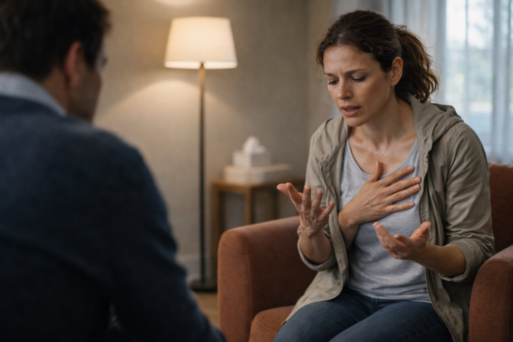 Donna in seduta di psicoterapia psicodinamica per attacchi di panico, mentre cerca parole per esprimere un vissuto interno legato alla cura