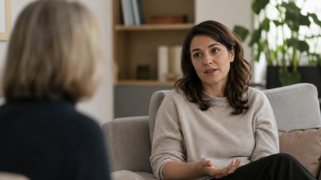 Donna in dialogo riflessivo durante una seduta di psicoterapia per comprendere le cause del disturbo d’ansia