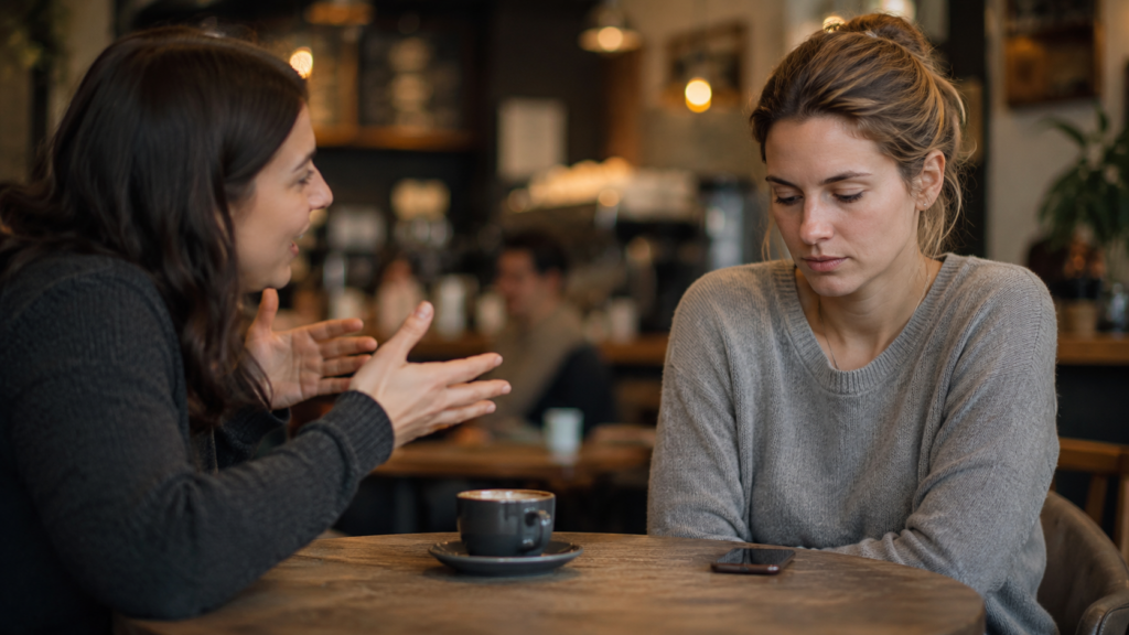 Sintomi del disturbo narcisistico di personalità nelle relazioni quotidiane, conversazione tesa tra due persone al tavolo di un caffè.