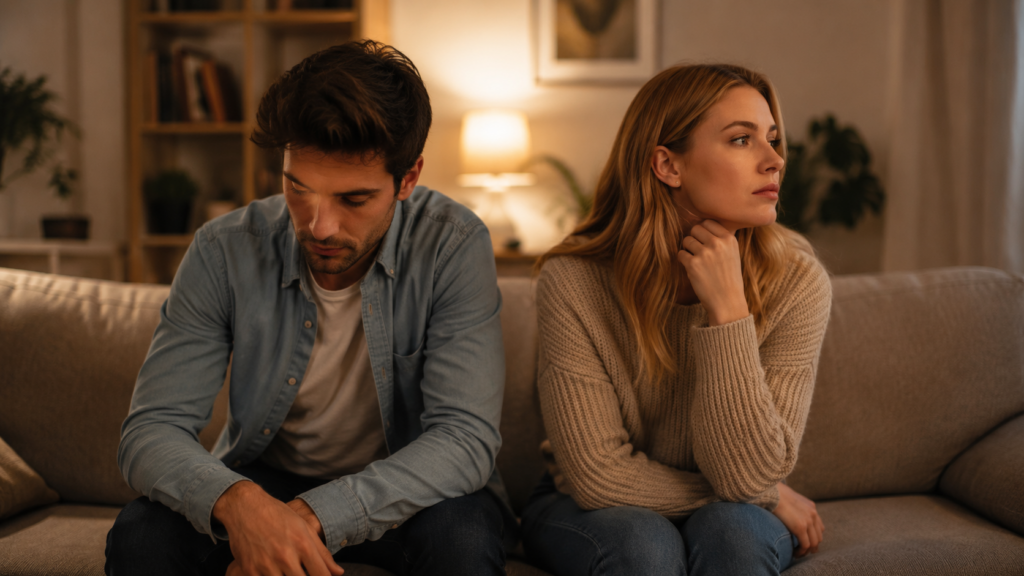 Disturbo narcisistico di personalità nelle relazioni di coppia, due partner seduti sul divano emotivamente distanti.