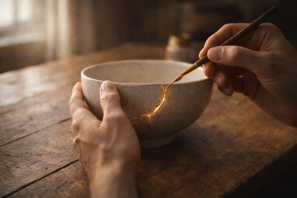 Riparazione kintsugi di una ceramica con crepa dorata come metafora della cura della ferita narcisistica