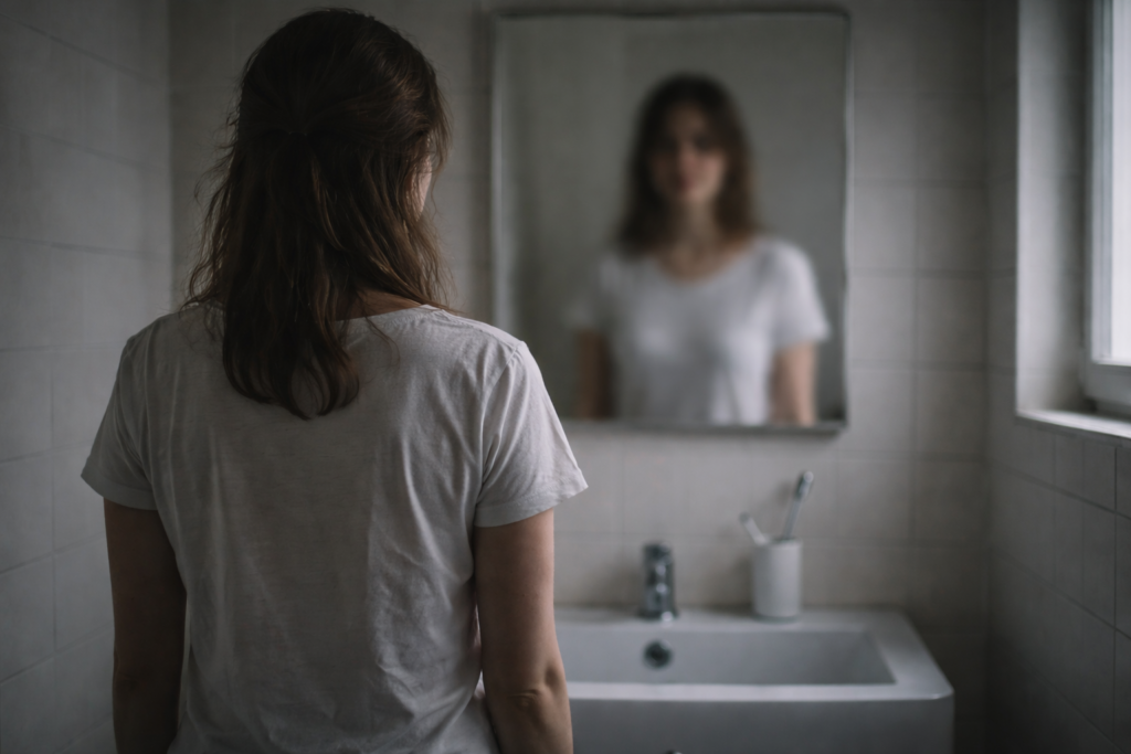 Dipendenza affettiva e depressione: donna vista di spalle davanti allo specchio del bagno nella luce grigia del mattino, con riflesso sfocato