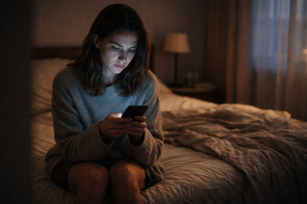 Dipendenza affettiva: donna seduta sul letto nella penombra, viso illuminato dallo smartphone, espressione di attesa ansiosa