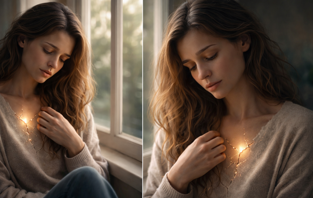 Ferita narcisistica rappresentata come crepa luminosa sul petto di una donna in riflessione