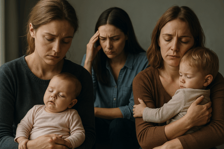 Tre madri che rappresentano la depressione post-partum tra silenzi, corpi feriti e vuoti fertili di trasformazione