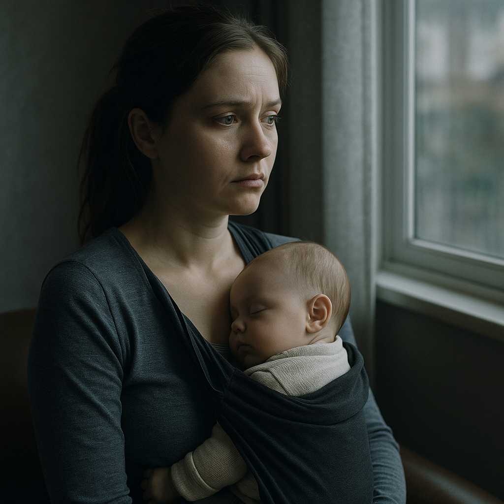 Madre con espressione vuota tiene il neonato addormentato nel marsupio, simbolo della depressione post-partum.