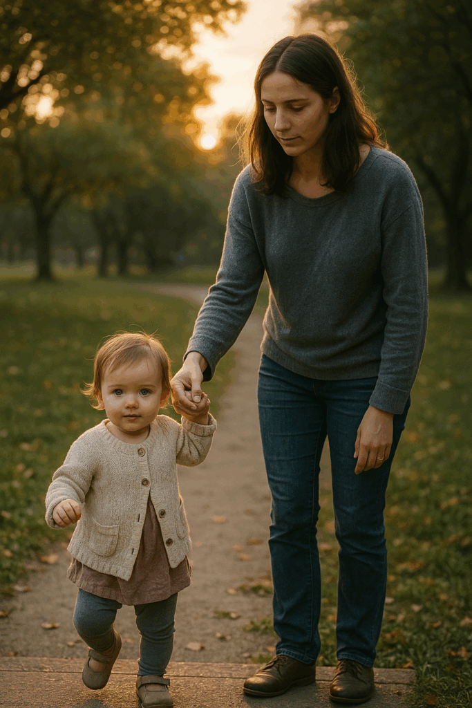 Madre sorride mentre aiuta la figlia a muovere i primi passi in un parco soleggiato, simbolo di rinascita dopo depressione post-partum.
