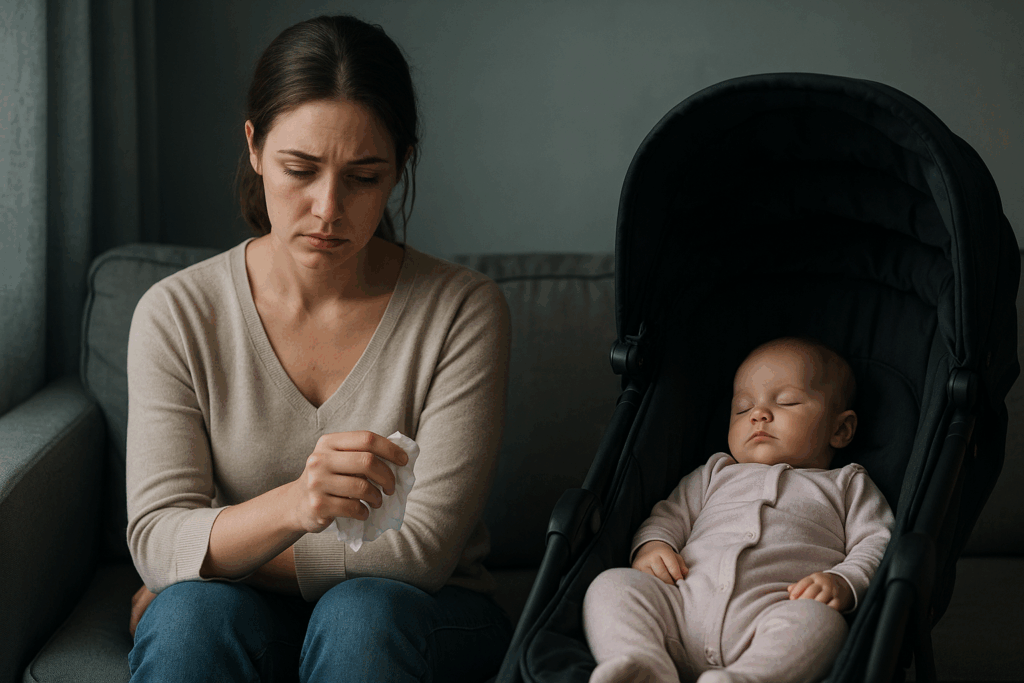 Madre giovane con sguardo sospeso accanto al passeggino, simbolo della depressione post-partum