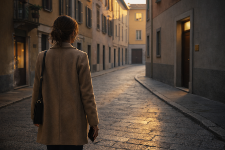 Donna vista di spalle che cammina lungo una strada italiana al mattino presto verso l’ingresso di uno studio professionale, luce naturale dorata sugli edifici e portone con targa — il momento della decisione di iniziare una psicoterapia.