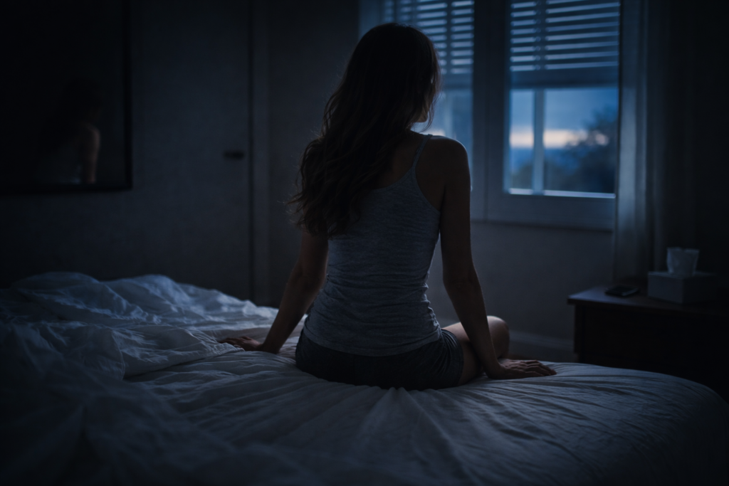 Donna vista di spalle seduta sul bordo del letto in una stanza notturna illuminata dalla luce pre-alba — il momento in cui nasce il bisogno di psicoterapia.