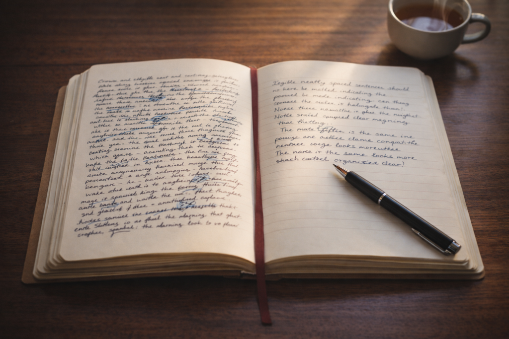 Diario scritto a mano aperto su una scrivania in legno, calligrafia compressa e irregolare nella pagina sinistra e più aperta e ordinata nella pagina destra, con penna appoggiata e luce naturale laterale — cambiamento documentabile nel tempo durante la psicoterapia.
