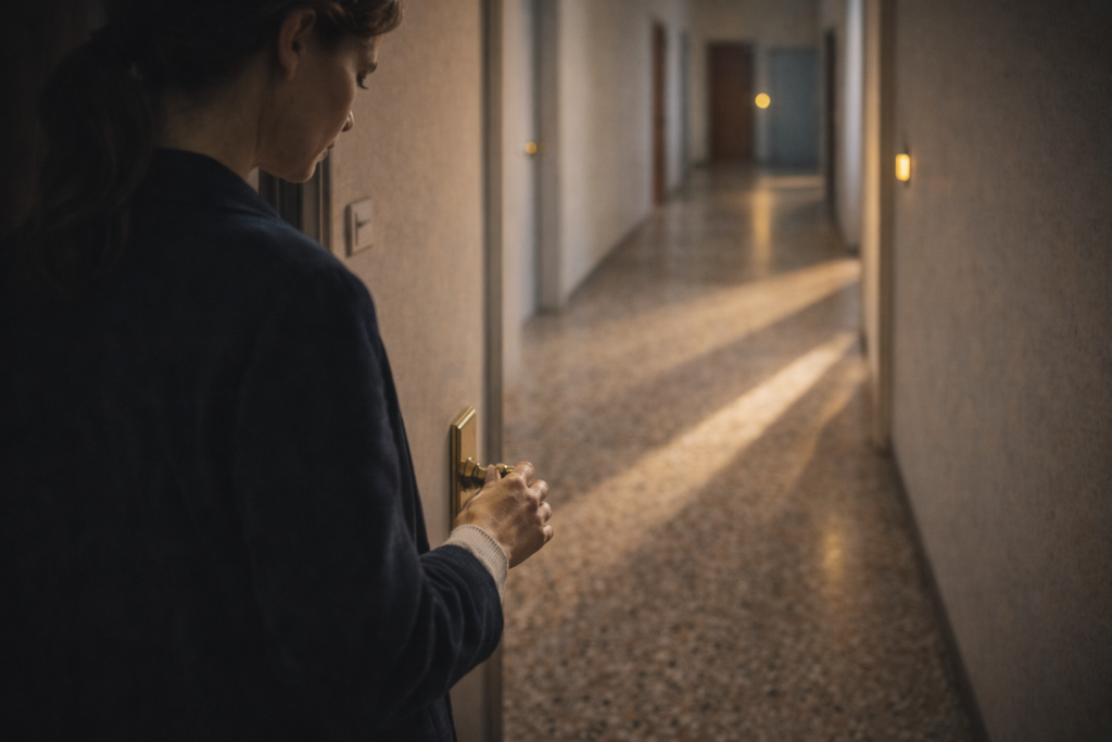 Donna con la mano sulla maniglia di una porta in un corridoio luminoso, simbolo della scelta del terapeuta e del tipo di psicoterapia