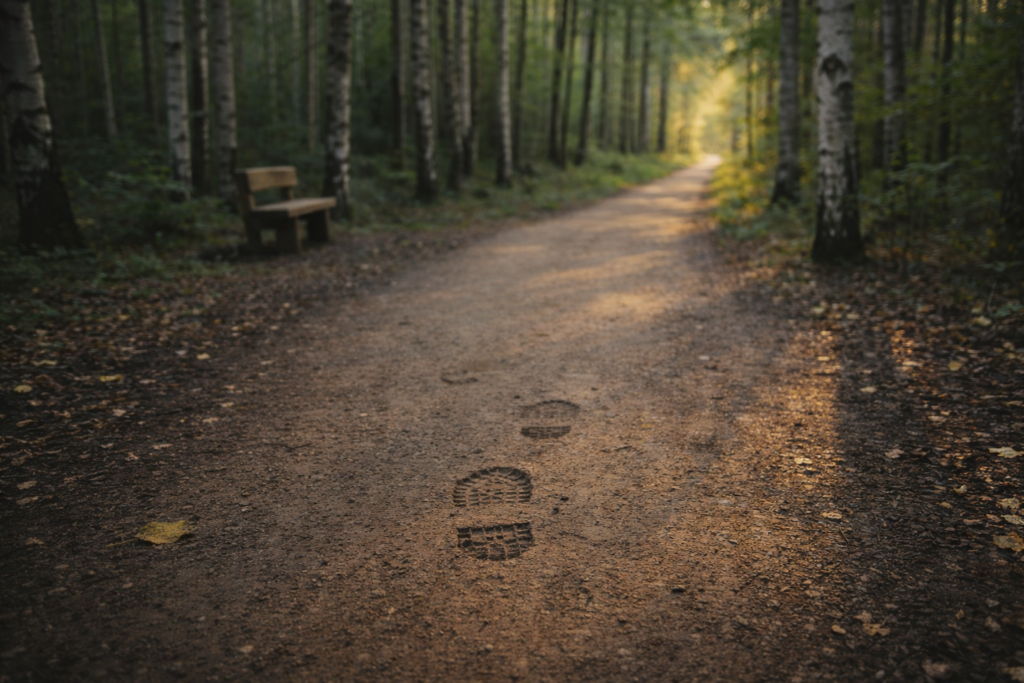 Sentiero in foresta di betulle con impronte in primo piano e panchina lungo il percorso — la durata della psicoterapia come processo graduale.