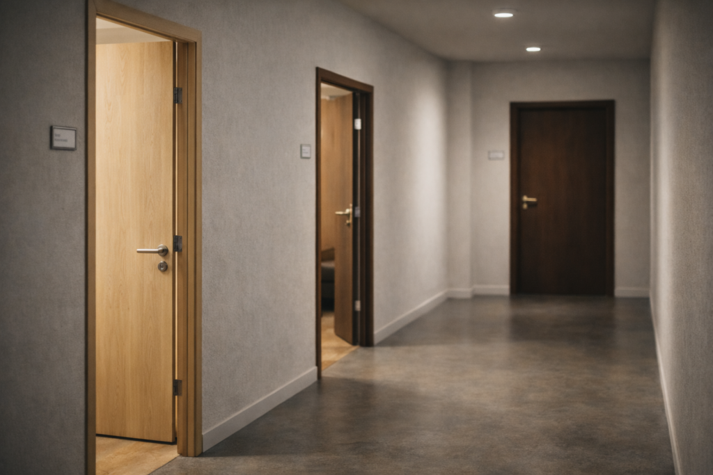 Tre porte in legno in un corridoio professionale, simbolo delle differenze tra psicologia, psicoterapia e psicoanalisi