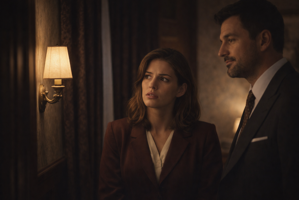 Donna che osserva una lampada a luce fioca mentre un uomo la guarda con espressione dismissiva in una scena che richiama l’origine del termine gaslighting