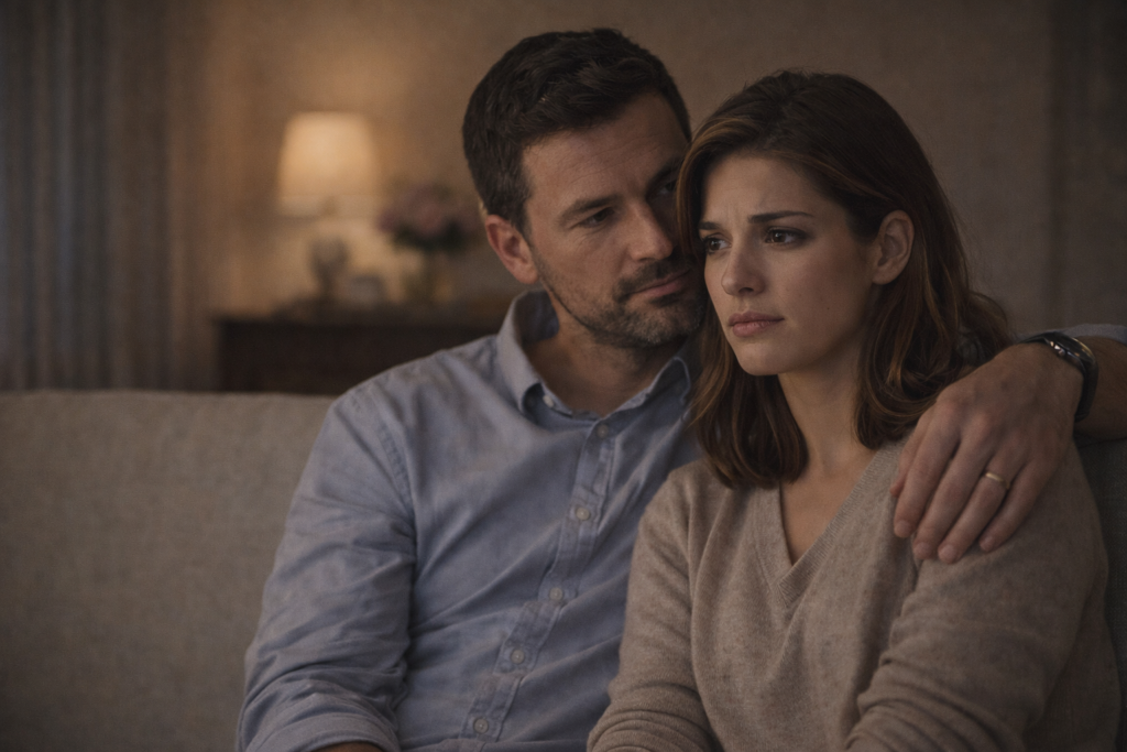 Uomo con braccio intorno alle spalle di una donna in una scena che rappresenta il gaslighting, gesto apparentemente affettuoso ma con espressione di controllo, donna con postura tesa in interno domestico serale