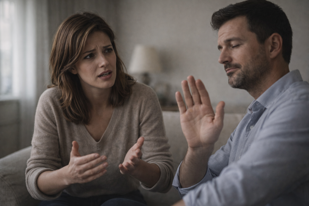 Donna che racconta un episodio con espressione ansiosa mentre un uomo nega con gesto dismissivo in una scena che rappresenta il gaslighting