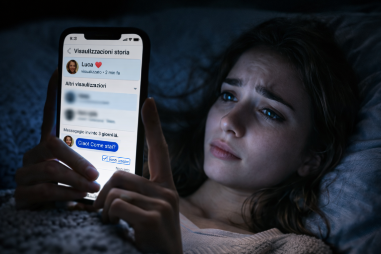 Donna sdraiata sul letto di notte che guarda lo smartphone illuminato, immagine dell’orbiting con visualizzazione storia e messaggio senza risposta sullo schermo.