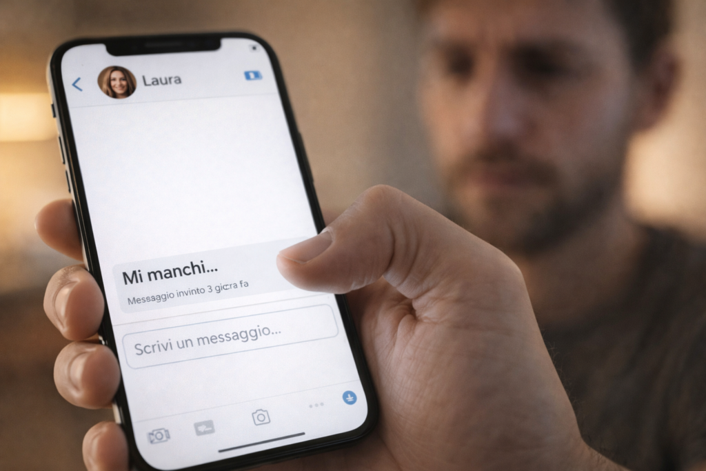 Primo piano di mano maschile con smartphone e chat aperta, pollice fermo sopra il campo di testo senza scrivere, immagine dell’orbiting e dell’ambivalenza tra contatto e distanza.
