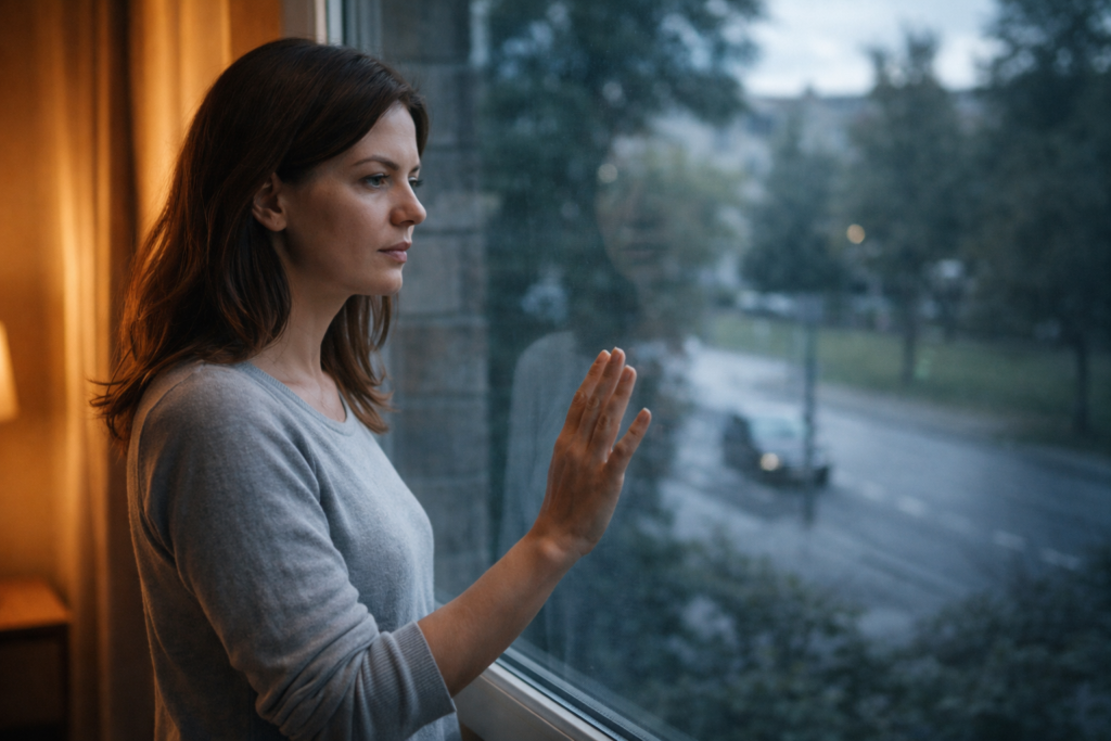 Donna alla finestra che guarda fuori senza uscire, mano sul vetro e senso di confine tra sicurezza domestica e paura del mondo esterno, immagine simbolica dell&rsquo;agorafobia