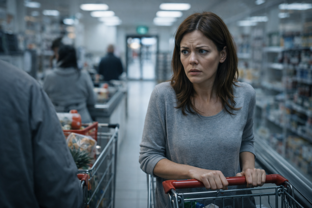 Donna bloccata in coda al supermercato tra carrelli e persone, espressione di allarme trattenuto e impossibilità di uscire, immagine simbolica dell’agorafobia