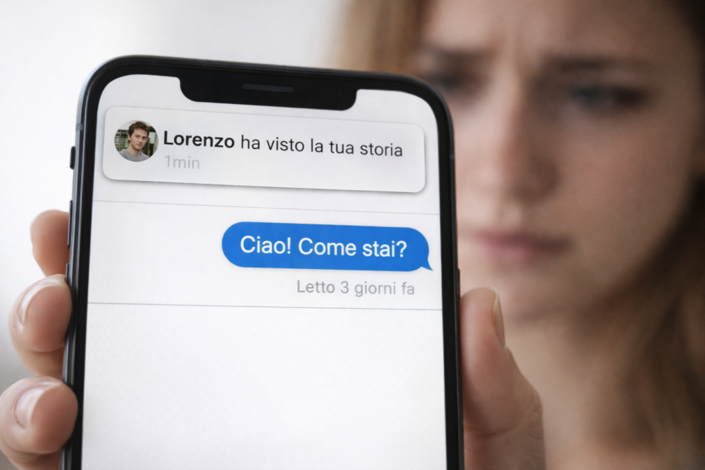 Primo piano di smartphone con messaggio letto da tre giorni senza risposta e notifica della stessa persona che ha visto la storia un minuto fa, immagine dell’orbiting nelle relazioni digitali.
