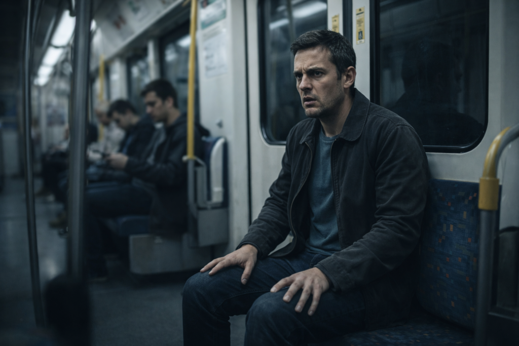 Uomo rigido in metropolitana con porte chiuse, sguardo allarmato verso l’uscita e sensazione di impossibilità di scendere, immagine simbolica dell’agorafobia