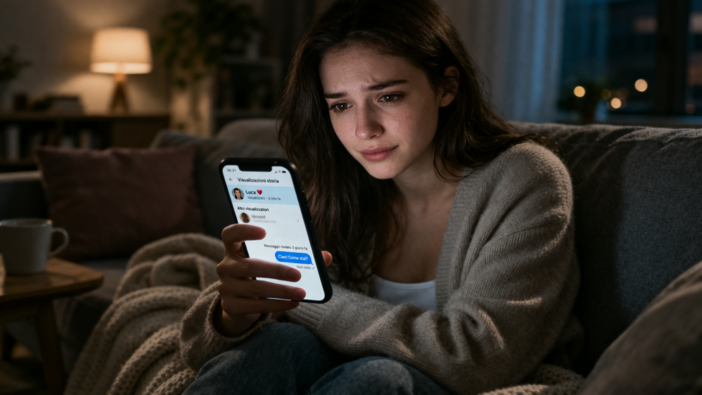 Donna sola sul divano che guarda lo smartphone con espressione confusa e sospesa, immagine sull’orbiting e sulla presenza digitale ambigua nelle relazioni.