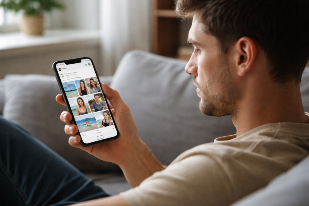 Uomo che controlla dal telefono il profilo social di una donna senza contattarla, scena che rappresenta l’orbiting nelle relazioni digitali.