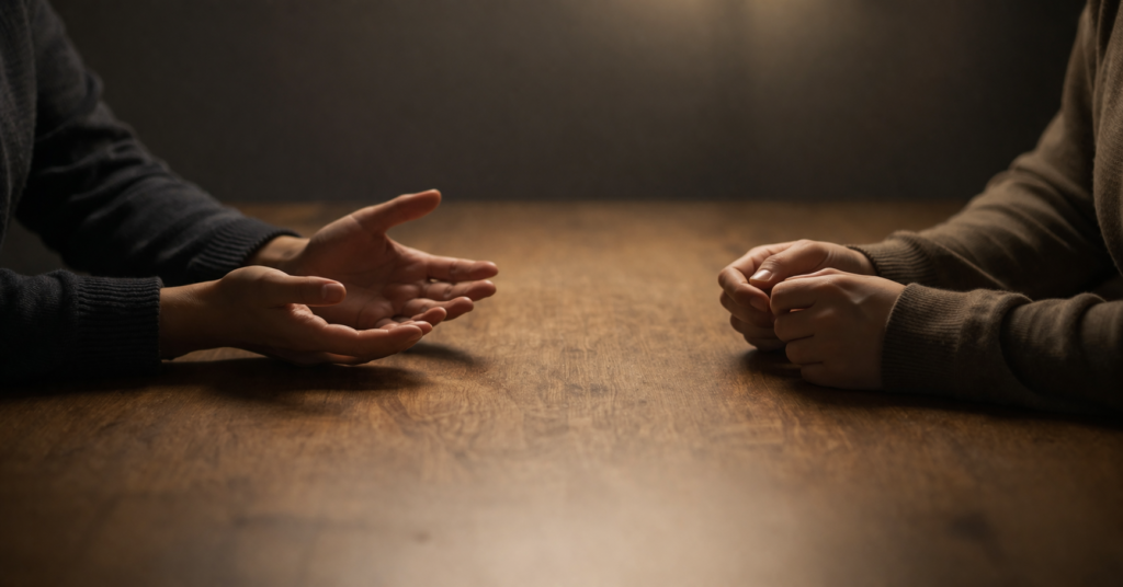 Due paia di mani su un tavolo, una aperta e una ritratta, immagine sul senso di colpa come emozione morale e relazione con l’altro