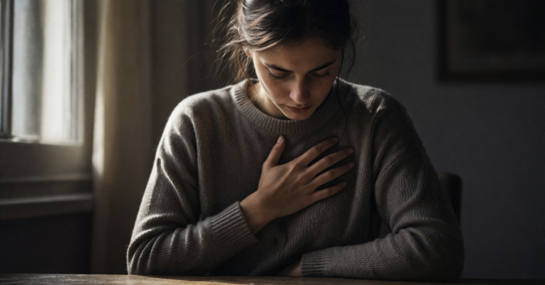 Persona seduta con la mano sul petto, espressione di peso interiore e senso di colpa