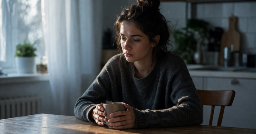 Persona seduta al tavolo al mattino con tazza tra le mani e sguardo assente, immagine sul senso di colpa silenzioso e persistente