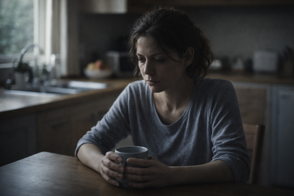Tanatofobia: donna sola seduta al tavolo della cucina con tazza tra le mani, sguardo abbassato e postura chiusa
