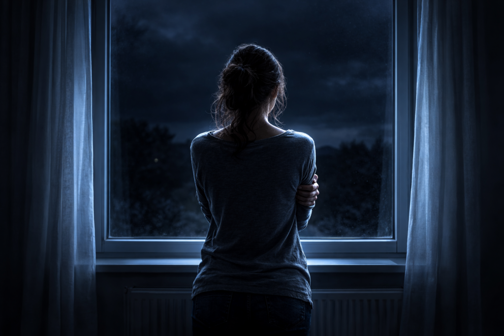 Figura femminile immobile di spalle davanti a una finestra di notte, in una stanza buia con luce fredda e postura tesa, immagine simbolica della tanatofobia
