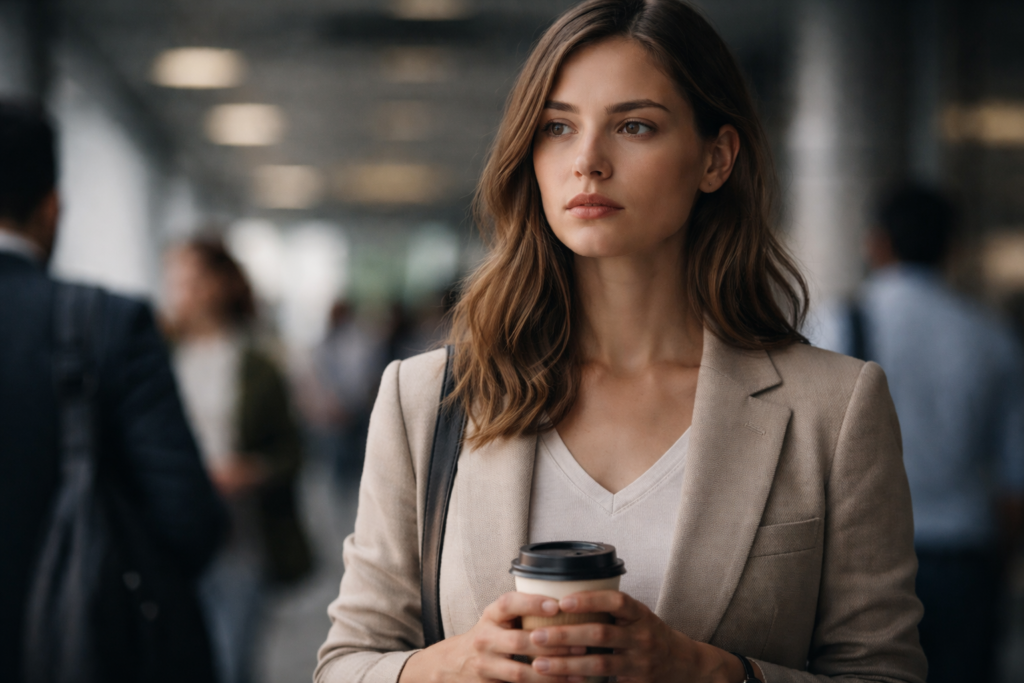 Donna in un contesto quotidiano affollato con aspetto composto e sguardo leggermente assente, immagine simbolica dell’atelofobia e della tensione interna invisibile