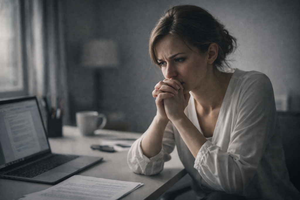 Donna seduta alla scrivania con lavoro completato davanti a sé, espressione assorta e insoddisfatta, immagine simbolica dell’atelofobia