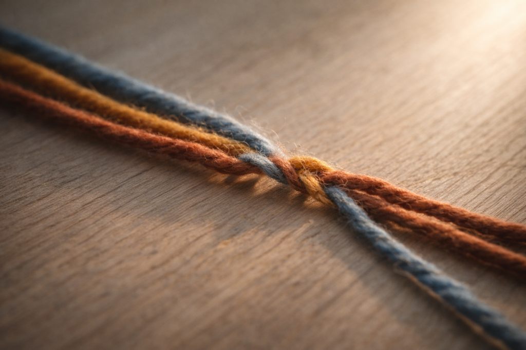 Tre fili di lana di colore ambra, blu cenere e terracotta che convergono e iniziano a intrecciarsi su una superficie di legno chiaro, metafora visiva delle componenti cognitiva, affettiva e motivazionale dell’empatia.