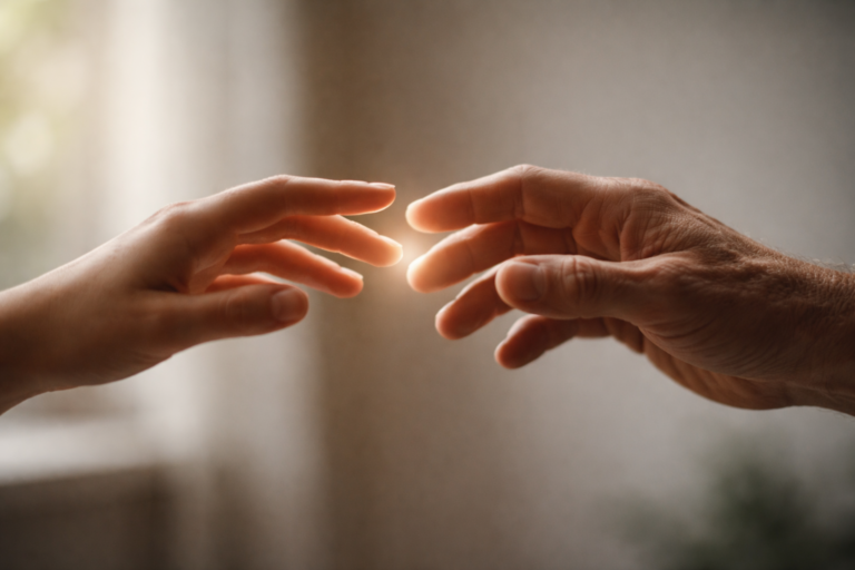 Empatia: due mani di età diversa si avvicinano senza toccarsi, con luce calda nello spazio tra le dita, simbolo della risonanza emotiva mantenendo i confini tra sé e l'altro.