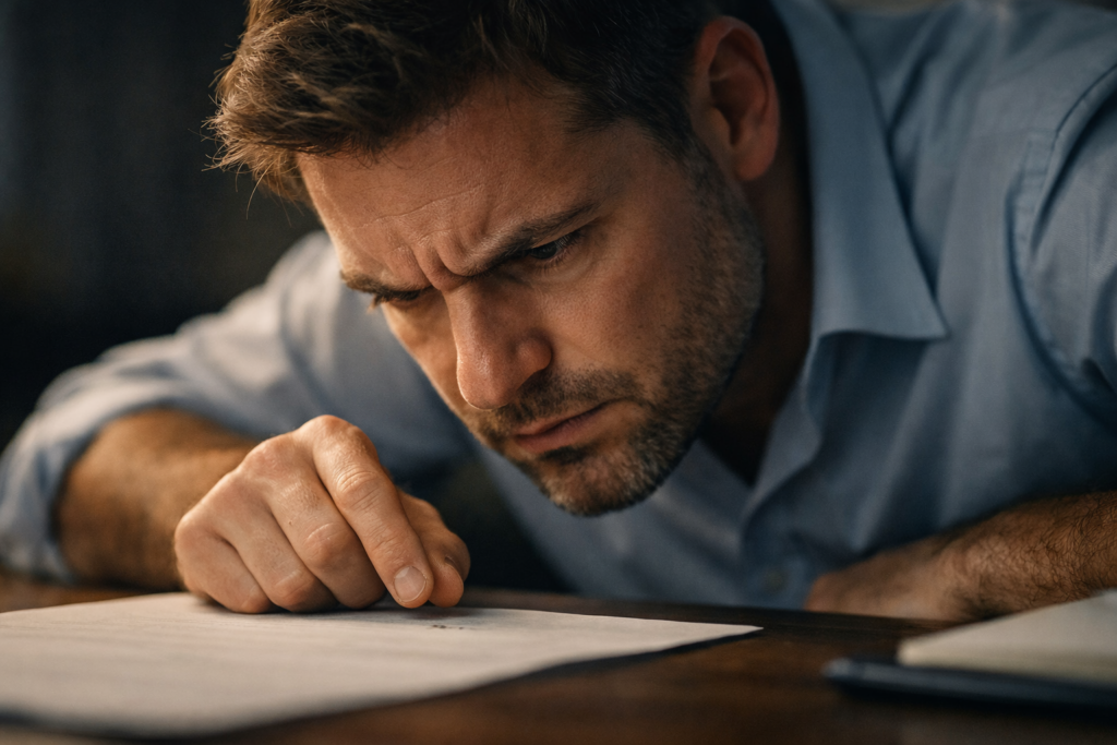 Uomo che osserva da vicino un piccolo difetto nel proprio lavoro con espressione di tensione intensa e sproporzionata, immagine simbolica dell’atelofobia