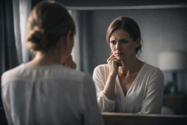 Figura femminile davanti allo specchio con espressione tesa e autocritica, immagine simbolica dell’atelofobia e della paura di non essere abbastanza