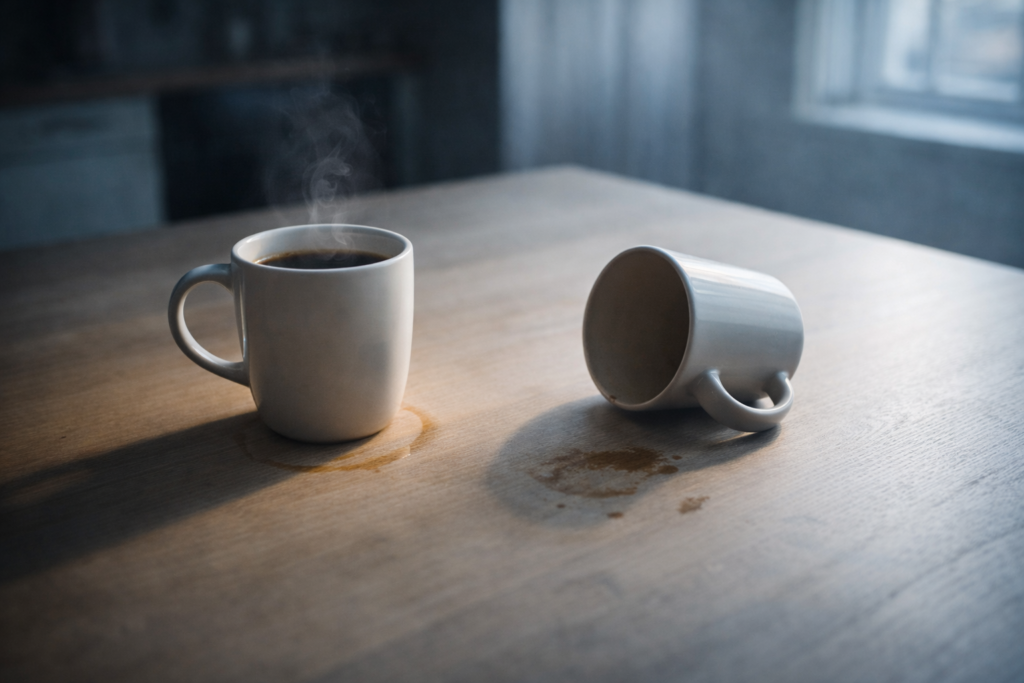 Tazza di caffè piena accanto a una tazza identica rovesciata e vuota su un tavolo di legno nella luce fredda del mattino — immagine simbolica della mancanza di empatia e dell’incapacità di accogliere l’esperienza emotiva dell’altro