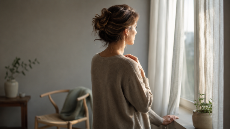 Donna adulta in un momento di riflessione vicino alla finestra, immagine che rappresenta il significato psicologico dell’ansia