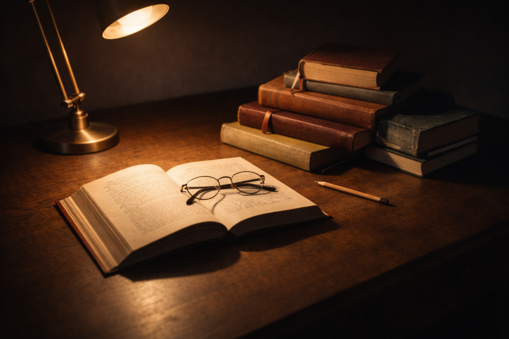 Libri di psicologia impilati su una scrivania illuminata da una lampada con occhiali appoggiati su una pagina aperta — metafora visiva dello sviluppo del concetto di empatia nei grandi autori della psicologia