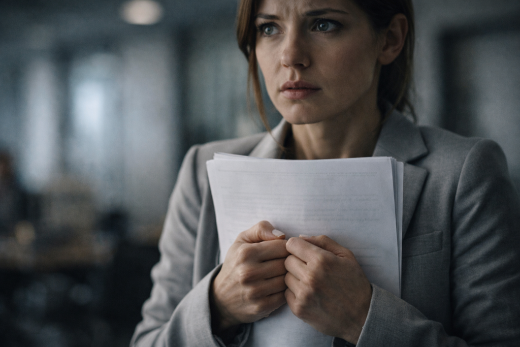 Donna con documento stretto al petto prima di una consegna, mani tese ed espressione di allerta, immagine simbolica dei sintomi dell’atelofobia
