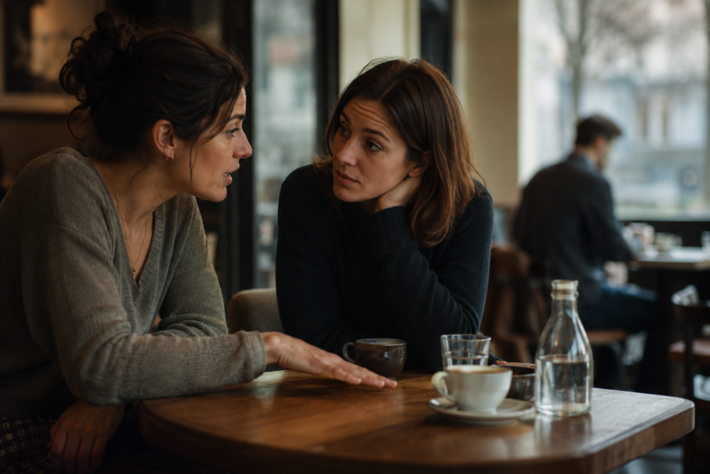 Due donne parlano di un presunto narcisista, rappresentato come una figura sfocata e distante sullo sfondo