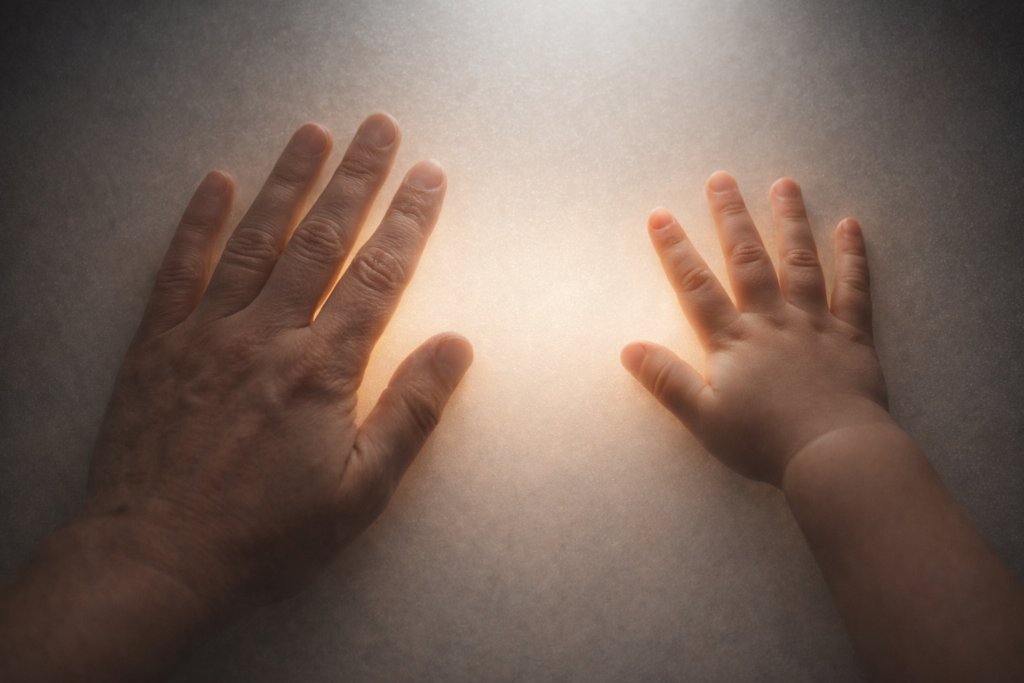 Mano adulta e mano di bambino appoggiate su vetro opaco retroilluminato nella stessa postura, metafora dello sviluppo dell’empatia attraverso neuroni specchio, attaccamento e sintonizzazione affettiva.