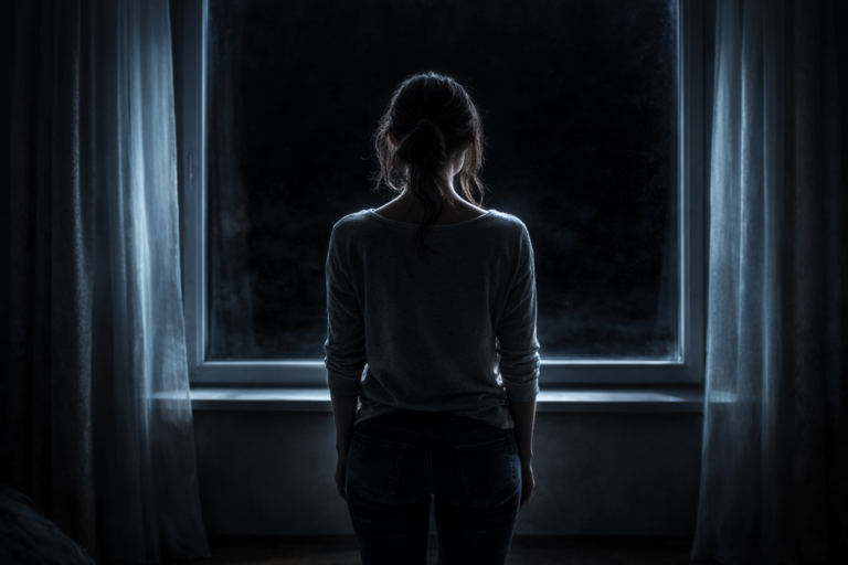 Tanatofobia: figura femminile di spalle davanti a una finestra di notte, immobile in una stanza buia con luce fredda e postura tesa