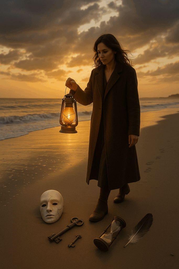 Donna con lanterna cammina su una spiaggia al tramonto accanto a maschera, clessidra, piuma e chiavi, simboli del disturbo borderline